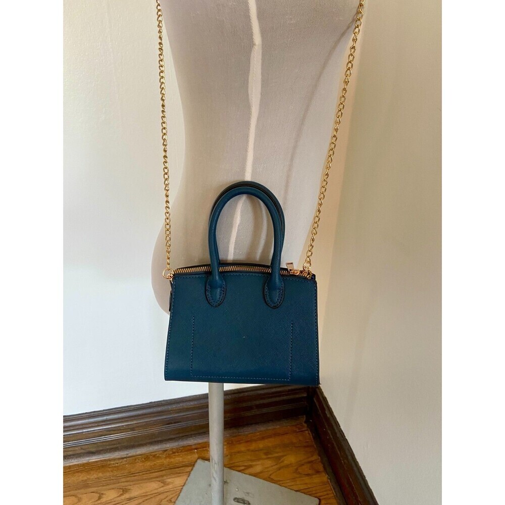 Vegan Leather Blue Crossbody Chain Mini Bag Purse Gold Lock Designer New Strap - Picture 5 of 9